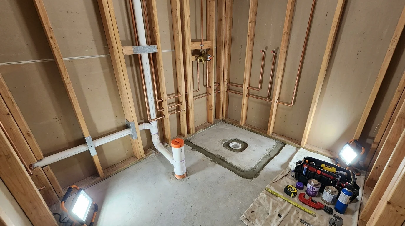 Bathroom rough-in plumbing during remodel by Johns Plumbing LLC in Arcata