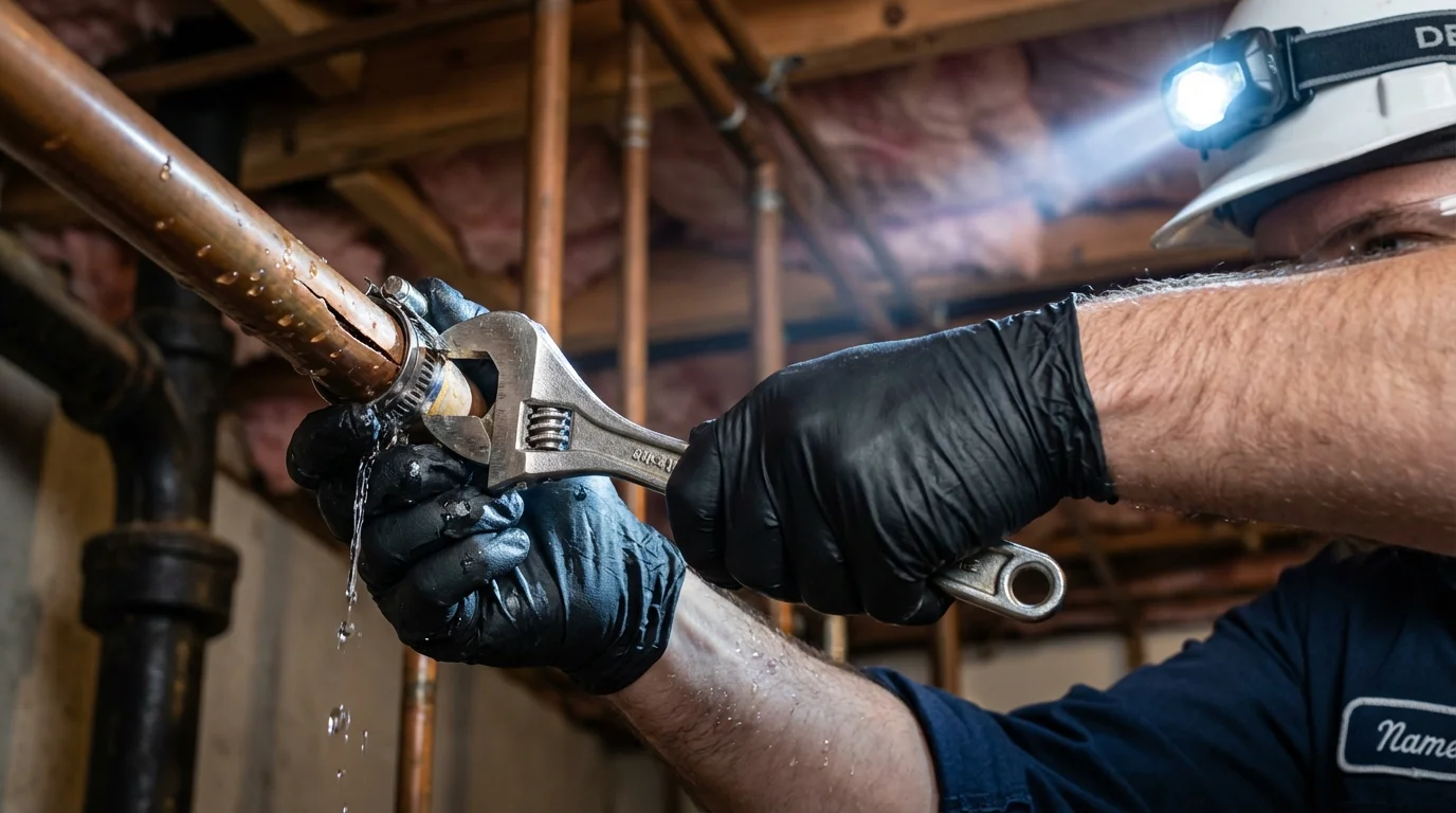 Emergency pipe clamp repair being performed by a Johns Plumbing LLC plumber in Arcata