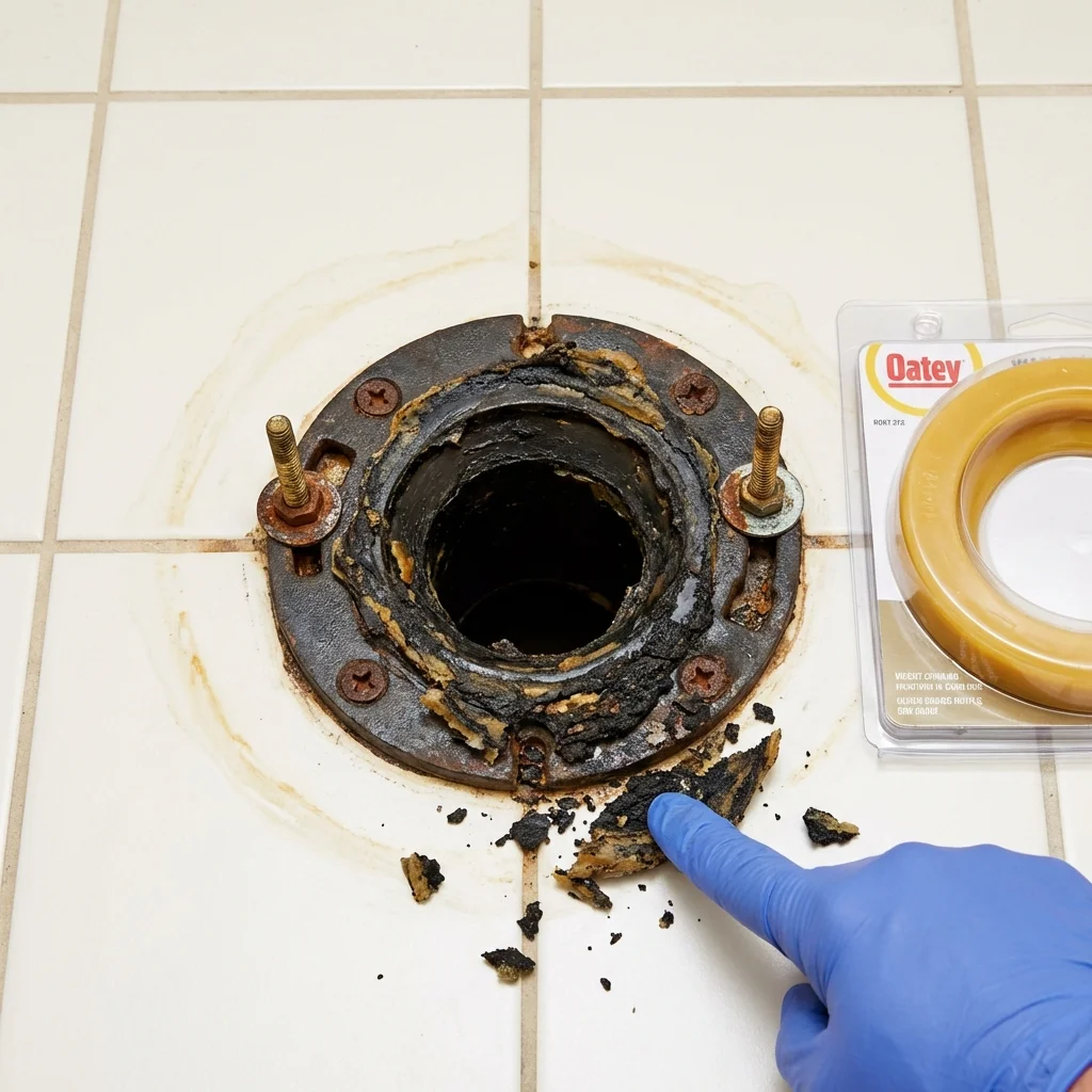 Failed wax ring showing water seepage at the base of a toilet in a Arcata, CA home