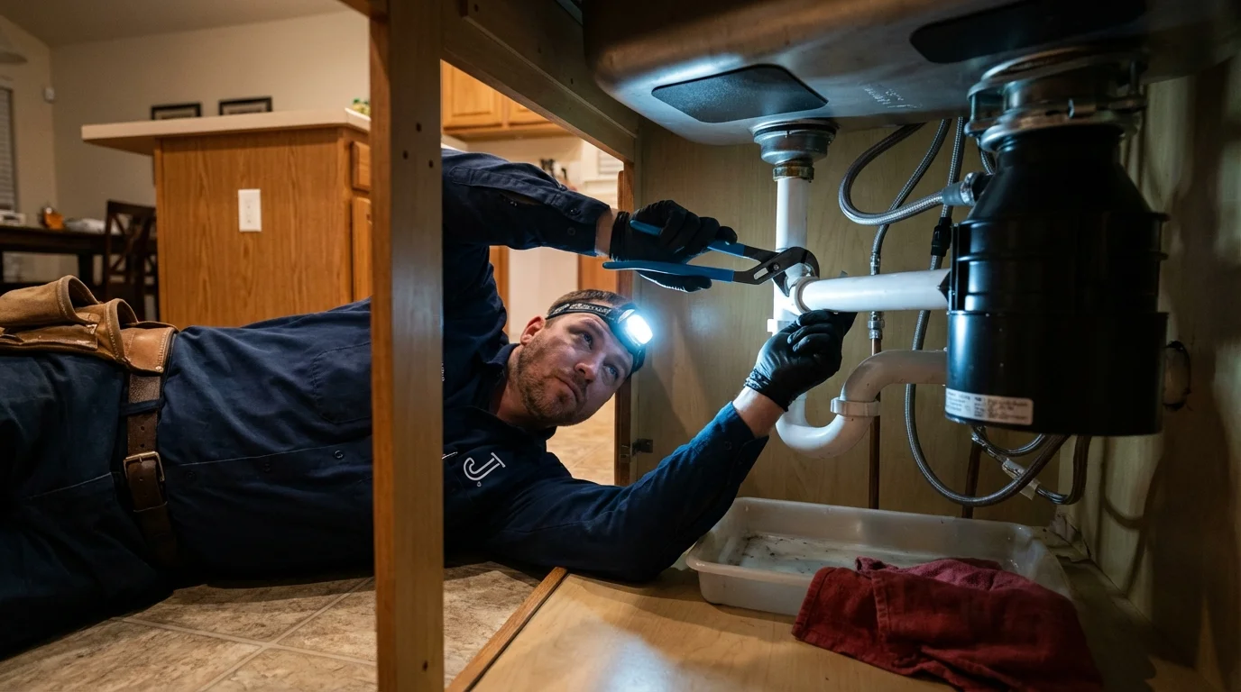 P-trap and supply line connections under a kitchen sink showing a common leak point in Arcata, CA